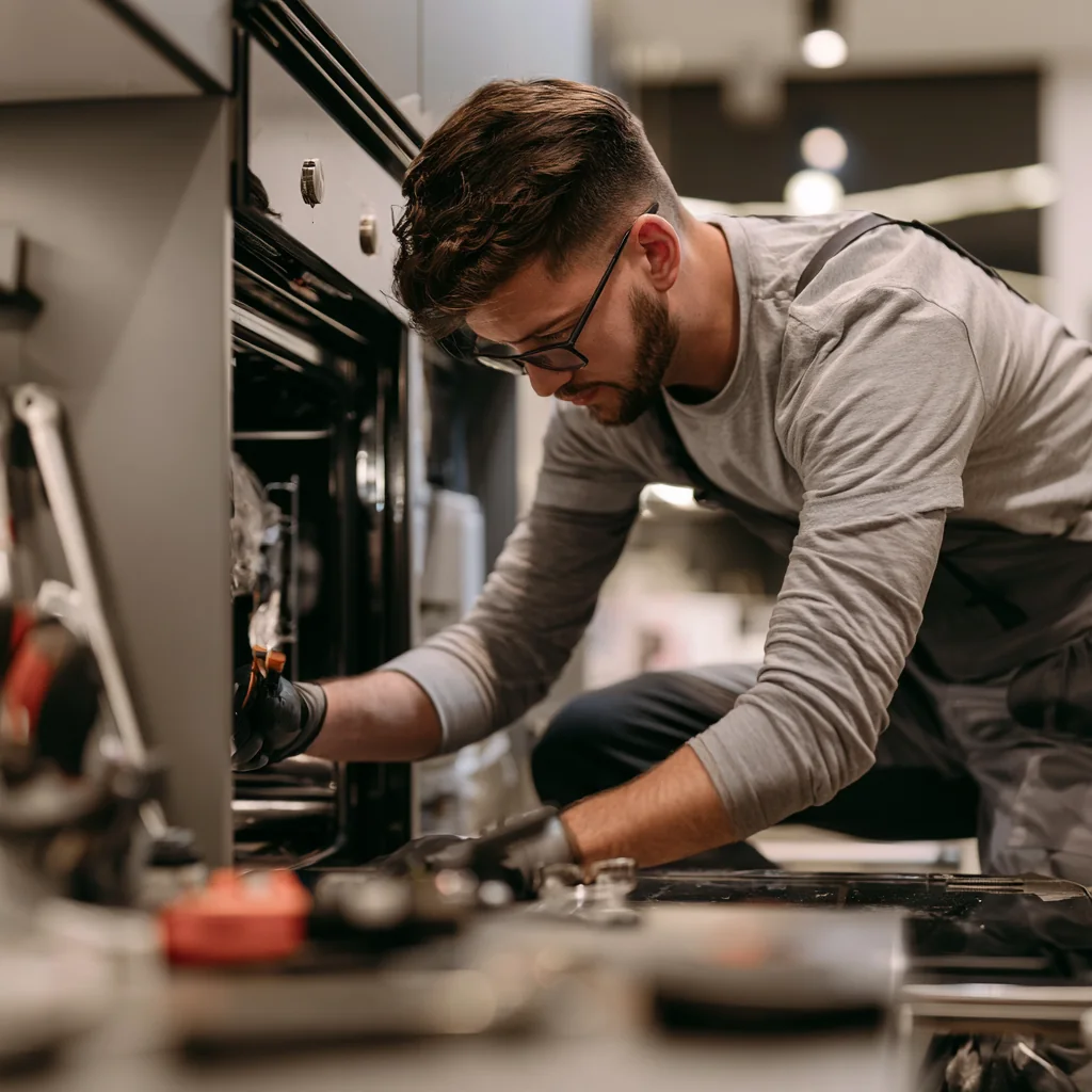 Technician repairing an open oven