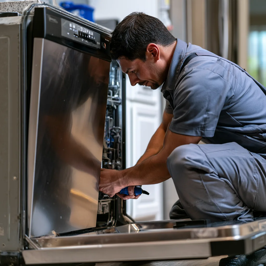 Technician repairing an open dishwasher