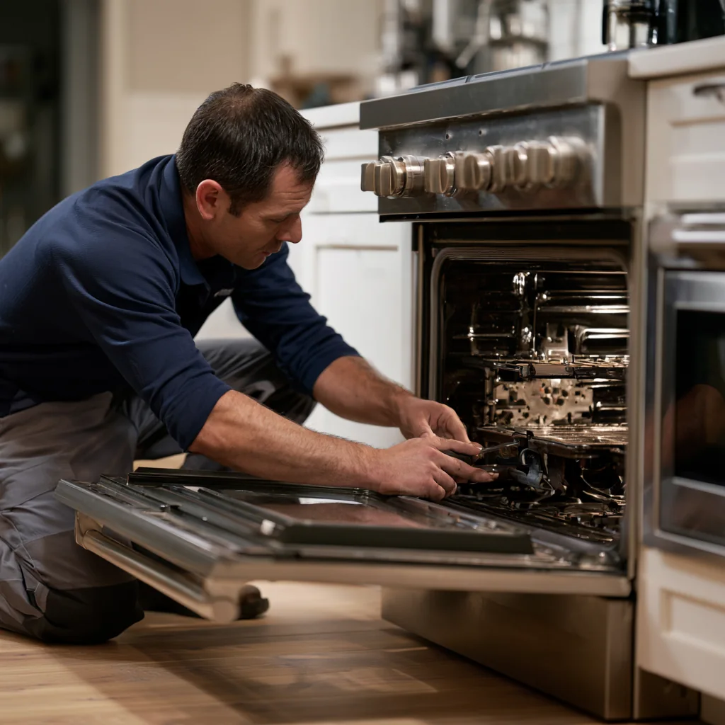 Technician servicing the interior of an oven and range