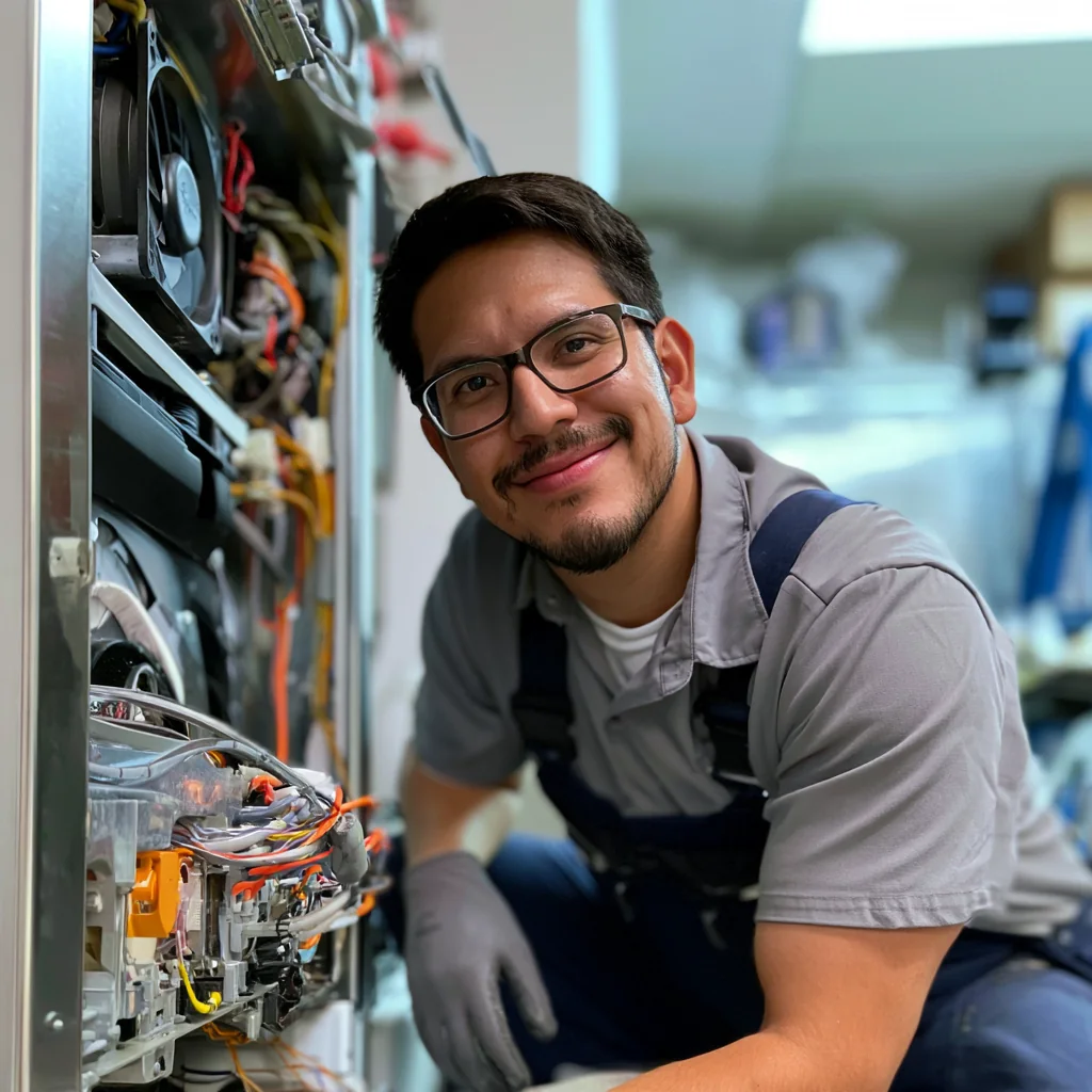 Appliance technician working beside an opened household appliance