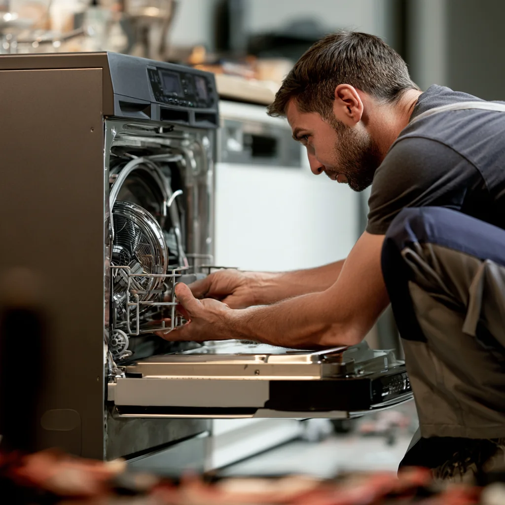 Technician inspecting the rack assembly inside a dishwasher