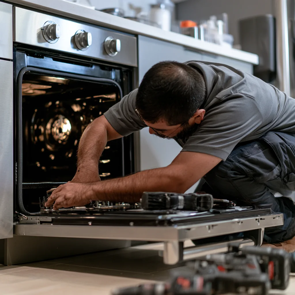 Technician repairing components inside an open oven