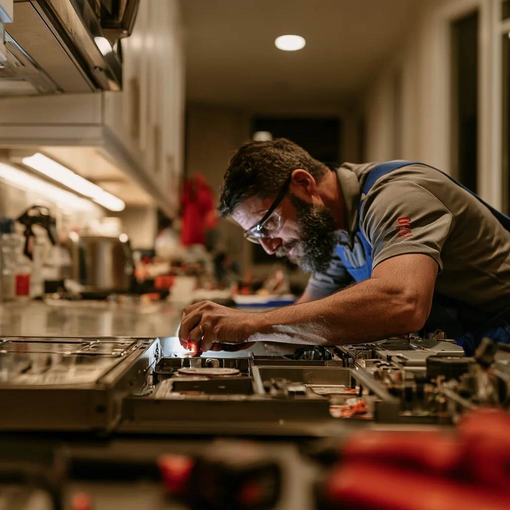 Appliance technician inspecting electronic components on a household appliance