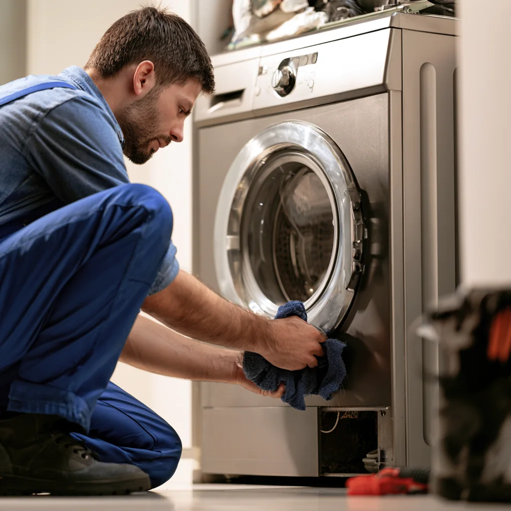 Technician servicing a front-loading washing machine