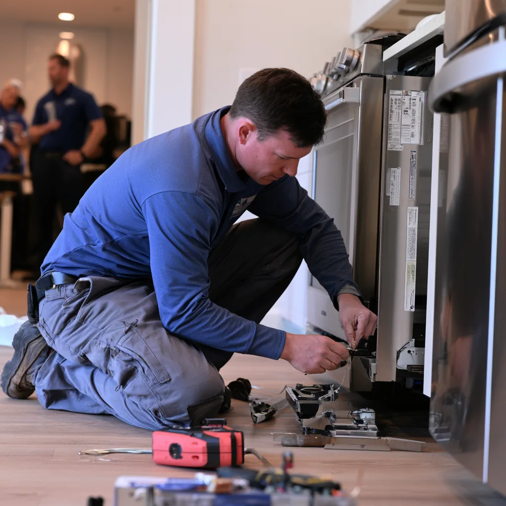 Technician inspecting components beneath a kitchen appliance